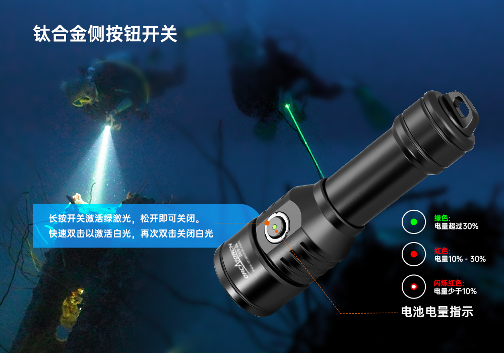 激光潛水手電,綠光潛水手電筒,白光+綠(lǜ)激光潛水手電筒(tǒng),水(shuǐ)下探索手電筒,二合一激光手電筒,91抖阴下载OrcaTorch